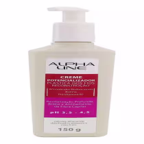 É um creme potencializador plástica dos fios da linha Alpha Line. O produto vem em um frasco de cor bege claro com detalhes em branco e rosa. O rótulo frontal destaca que é um "Creme Potencializador Plástica dos Fios Reconstrução"
