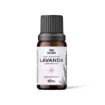 Frasco de óleo essencial de lavanda da marca Don Alcides, com rótulo branco e preto, contendo 10 ml do produto. O frasco possui tampa plástica preta com ranhuras verticais.