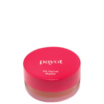 A imagem apresenta embalagem redonda compacta com tampa vermelha. A tampa superior exibe o logotipo "payot" em letras brancas. O rótulo na parte frontal indica "Pó Facial Matte" em texto branco sobre fundo vermelho.
