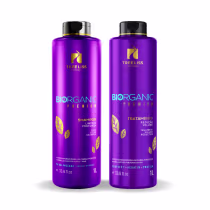 Dois frascos de produtos de tratamento capilar da linha Bioorganic Premium da marca TreeLiss Profissional. Os frascos são de plástico roxo brilhante com tampas pretas.