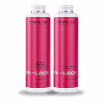 São dois frascos de shampoo e tratamento capilar da marca TreeLiss Profissional. Os frascos têm formato cilíndrico e são feitos de plástico branco na parte superior e vermelho na parte inferior.