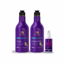 Produtos de tratamento capilar TreeLiss Biorganic. Dois frascos de plástico roxo de 300ml contendo shampoo e condicionador duo. O terceiro produto é um frasco borrifador transparente de 60ml com líquido roxo.