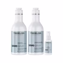 Produtos TreeLiss Profissional para cabelos grisalhos. Dois frascos de 300ml de shampoo e condicionador da linha "Save Gray", com embalagens cilíndricas e rótulos azuis. Um frasco menor de 60ml de um produto revitalizador da mesma linha.