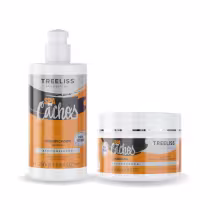 Produtos de tratamento capilar TreeLiss Profissional da linha "Spa Cachos". Um frasco plástico branco de 250ml contendo um umidificador líquido, com rótulo laranja e preto. Ao lado, um pote plástico branco de 250g com uma máscara de hidratação.