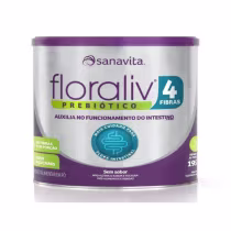 Lata de suplemento alimentar Floraliv 4 Fibras da Sanavita, com rótulo em tons de roxo e verde, indicando que auxilia no funcionamento do intestino.