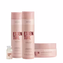 Conjunto de produtos da marca Braé, incluindo shampoo, condicionador, ampola e máscara capilar da linha "Essential".