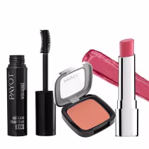 Imagem do produto Kit maquiagem Payot Máscara para Cilios 5 em 1 Volume + Batom Hidratante Rosa Chá + Blush Retinol Pêssego
