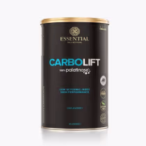 A imagem mostra uma lata de suplemento com rótulo preto e letras azuis e bege.