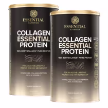 A imagem mostra um kit com duas latas de suplemento com rótulo preto e bege.