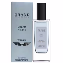 Frasco de perfume da marca Brand Collection, com rótulo "Dream No.116" e embalagem cinza e preta. O produto é descrito como "WINNER" e possui um símbolo de asas na embalagem.