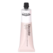 Produto de coloração capilar da linha L'Oréal Professionnel Dia Color. Embalagem em tubo plástico branco com detalhes em preto. Rótulo frontal exibe o logotipo L'Oréal Professionnel e o nome do produto "Dia Color" em letras pretas.