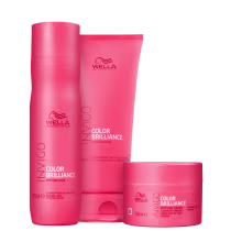 Produtos da linha Color Brilliance da Wella Professionals, incluindo shampoo, condicionador e máscara.