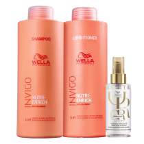 Dois frascos de shampoo e condicionador da linha Nutri-Enrich da Wella Professionals, com embalagens laranja e rótulos com o nome da marca e da linha. Também há um frasco de óleo reflexivo da linha Oil Reflections da Wella.