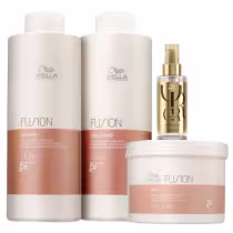 Shampoo e condicionador Fusion 1L, máscara Fusion 500ml e Oil Reflections 100ml.