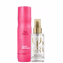 Shampoo protetor de cor Invigo Color Brilliance da Wella Professionals e óleo Luminous Reflective Oil da Wella Professionals em frasco transparente com rótulo dourado.