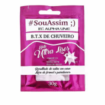 Produto de tratamento capilar da linha Alpha Line, embalado em sachê rosa brilhante com uma abertura para pendurar. O peso líquido de 30g é indicado.