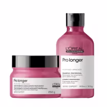 A imagem mostra um kit da L'Oréal Professionnel Pro Longer com um pote arredondado de máscara, um frasco arredondado de shampoo. Ambos de cor rosa escuro, rótulo branco e tampa preta.