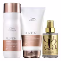 Kit com shampoo e condicionador Fusion, além de óleo capilar Oil Reflections, da marca Wella Professionals.