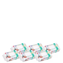 São 6 pacotes de lenços umedecidos para bebês. O rótulo indica que são lenços umedecidos com 120 unidades cada. As embalagens têm cores predominantemente brancas, com detalhes em verde.