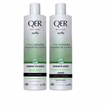 A imagem mostra dois frascos de plástico brancos com rótulos com o logotipo QÉR em preto e detalhes em verde.