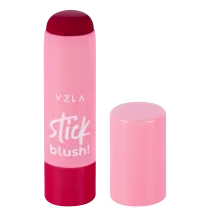 Stick blush da marca Vizzela Cosméticos. Embalagem em formato de bastão, na cor rosa claro. O bastão tem o nome da marca "Vzla" e o produto "Stick blush" escritos em letras brancas.