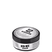 A imagem mostra um pote redondo preto com rótulo cinza e letras pretas.