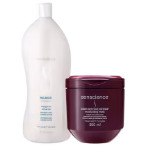 Dois produtos Senscience: um frasco branco de shampoo Balance e um pote vermelho-escuro de máscara hidratante Inner Restore Intensif, ambos com rótulos e embalagens característicos da marca.