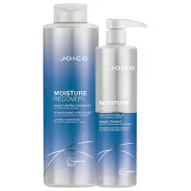 Dois produtos Joico da linha Moisture Recovery: um frasco de shampoo e um frasco de bálsamo de tratamento, ambos em embalagens brancas e azuis com o logotipo da marca.