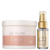 Embalagem branca de máscara capilar Wella Fusion de 500 ml e frasco dourado de óleo Oil Reflections, ambos produtos da marca Wella Professionals.