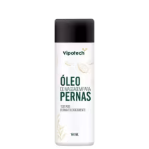 Óleo de massagem para pernas da marca Vipotech, em frasco branco com rótulo verde e detalhes em amarelo, contendo 150 ml do produto.