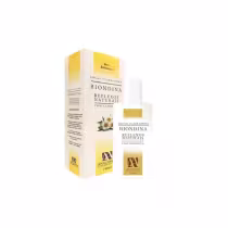 Caixa e frasco de loção clareadora Biondina com reflexos naturais, contendo camomila. Embalagem em tons de amarelo e branco, com informações sobre o produto.