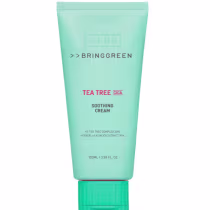Tubo de creme hidratante da marca Bringgreen, com embalagem verde-menta e rótulo destacando os ingredientes "Tea Tree Cica" e "Soothing Cream". O produto contém 100ml.