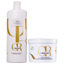 Frasco branco e dourado de shampoo revelador de luminosidade. Um pote branco e dourado de máscara potencializadora de luminosidade.