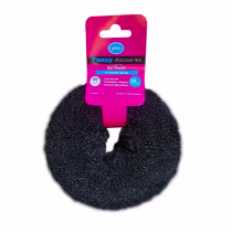 Acessório de cabelo Hills Fancy em formato de rosca, na cor cinza, com embalagem rosa destacando o nome "Hair Donuts" e informações sobre o produto.