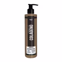 Frasco de tratamento de reconstrução intensiva da marca Widi Care, com bomba dosadora preta e rótulo com texto "Collageno" em fundo bege.