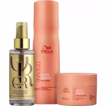 Três produtos de cuidados capilares da linha Wella Professionals. O primeiro é um frasco dourado de óleo capilar da linha Oil Reflections. O segundo é um shampoo da linha Nutri-Enrich, em uma embalagem de 250ml. O terceiro é uma máscara capilar de 150ml.
