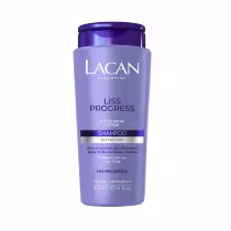 Frasco de shampoo Lacan Liss Progress, com embalagem roxa e azul, contendo 300ml. Rótulo destaca o sistema de brilho ativo e ingredientes como óleo de abissínia e vinagre. Produto promete cabelos lisos e sem frizz.