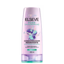 Frasco de condicionador reidratante da linha Elseve Pure Hialurônico, com 200 ml de volume. Embalagem rosa com detalhes em azul e verde, destacando os ingredientes ácido hialurônico e ácido salicílico.