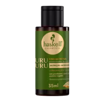Frasco de 35ml da linha Murumuru da marca Haskell. Possui um design preto com um rótulo verde e amarelo, exibindo o nome do produto e informações sobre sua composição e benefícios, como "Seiva nutritiva" e "Nutrição intensa".