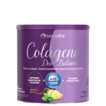 Lata roxa da marca Sanavita contendo o produto "Colágeno Duo Balance", com informações sobre os ingredientes de colágeno hidrolisado e ácido hialurônico.