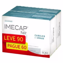 Caixa branca com rótulo "Imecap hair" em vermelho e azul, contendo cápsulas para cabelos e unhas. Promoção "Leve 90, pague 60" destacada na embalagem.