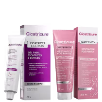 Produtos Cicatricure para gestantes e pós-parto: gel para cicatrizes e estrias em embalagem roxa, e creme antiestrias em embalagem rosa, com informações sobre suas propriedades e benefícios.