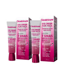 Cicatricure Eye Cream for Face em embalagens de 30g, com caixas e tubos de cor rosa e branca, destacando os benefícios do produto como redução de rugas, hidratação e uniformização da pele.