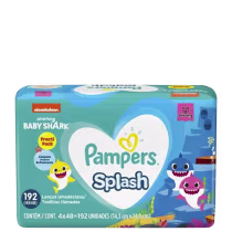 Caixa de lenços umedecidos Pampers Splash, com design infantil de tubarão baby shark em tons de azul e verde, contendo 192 unidades de toalhas úmidas.