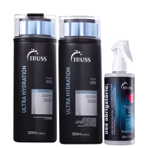 Kit com 3 produtos de TRUSS. Dois frascos grandes de shampoo e condicionador, um frasco de uso obrigatório spray.