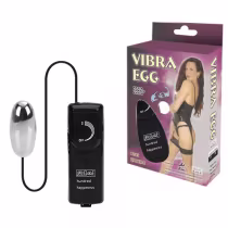 O produto é um vibrador em formato de ovo, com embalagem preta e roxa destacando a marca "Vibra Egg". O dispositivo é preto e possui um controle remoto com o texto "Hundred happiness" impresso.
