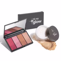 Paleta de sombras e pó iluminador da marca Tô no Glow, em embalagem preta com logotipo. Contém sombras em tons de rosa e laranja, além de um pó iluminador em recipiente separado.