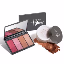 Paleta de sombras e pó iluminador da marca Tô no Glow, em embalagem preta com logotipo. Contém sombras em tons de rosa e laranja, além de um pó iluminador em recipiente separado.