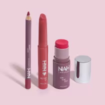 Imagem do produto Combo By Nah Cardoso: Gloss Labial Rosa Cotton Candy 2,4ml + Lápis Contorno Labial Marrom Brave 1,1g + Blush Stick Marrom Lovely 5g