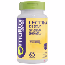 Frasco de cápsulas de lecitina de soja da marca Maltta Nutrition, com rótulo em cores amarela e roxa. O produto contém 60 cápsulas de 1000mg de lecitina de soja por cápsula, conforme indicado no texto do rótulo.